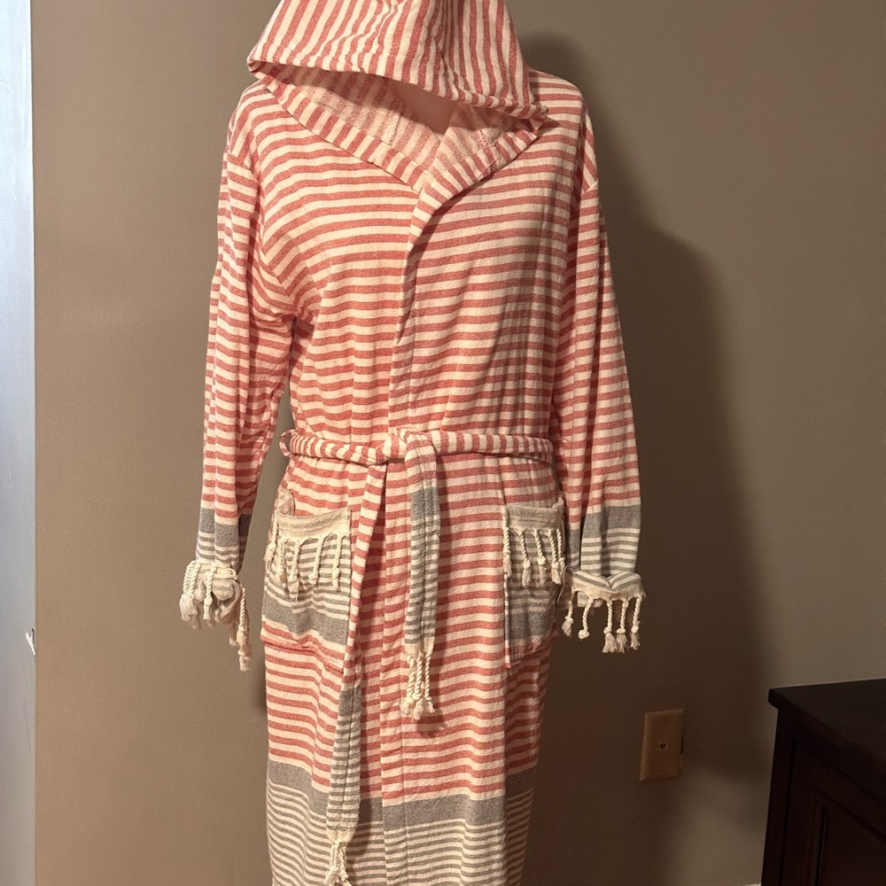 Striped Hooded Bathrobe with Fringe